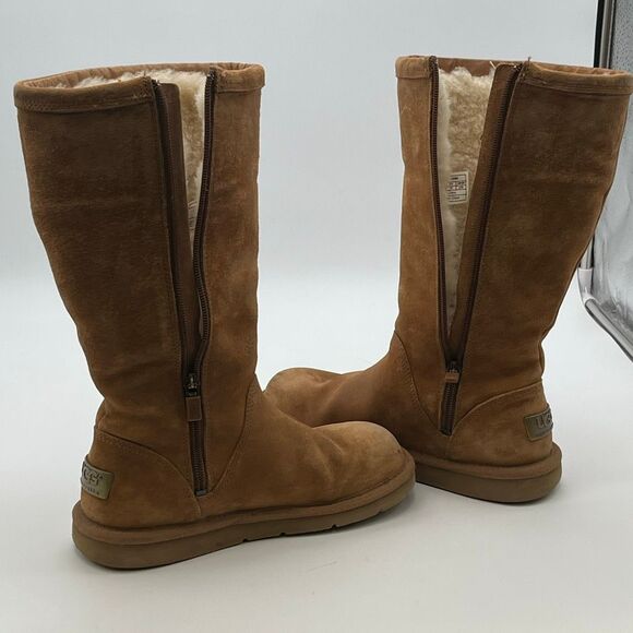 UGG Women’s Tall Zip Boots Sz 6 Chestnut Brown Suede Shearling Lined Winter Cozy - Picture 9 of 12
